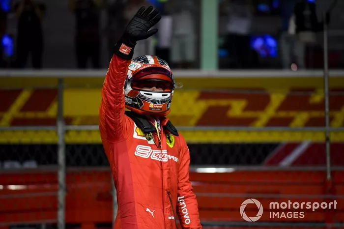 Pole man Charles Leclerc, Ferrari, festeggia l'arrivo al Parc Ferme