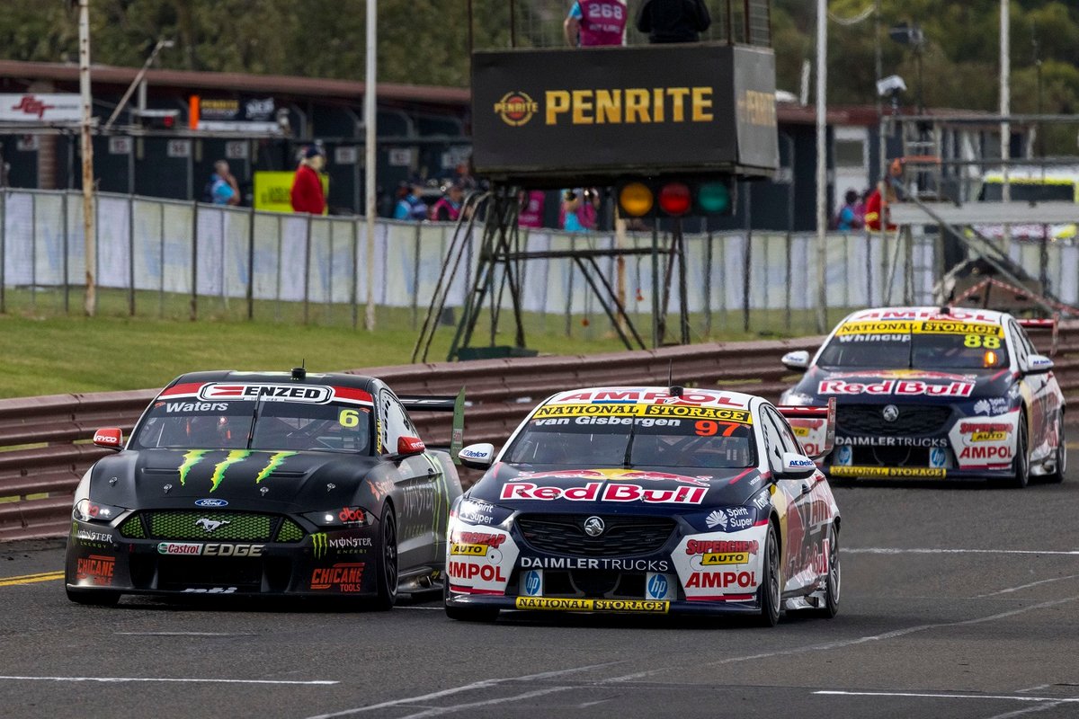 Shane van Gisbergen, Triple Eight Race Engineering passes Cam Waters, Tickford Ford for the lead