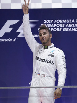 Race winner Lewis Hamilton, Mercedes AMG F1, celebrates victory on the podium