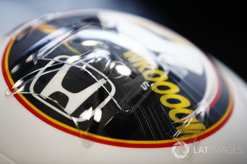 Helmet detail of Stoffel Vandoorne, McLaren, showing a new design for his home grand prix