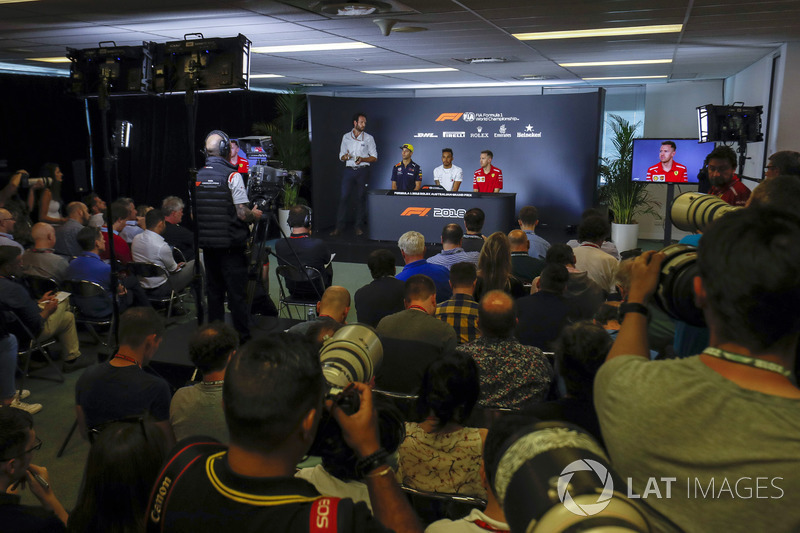 A wide view of the Thursday drivers Press Conference featuring Daniel Ricciardo, Red Bull Racing, Lewis Hamilton, Mercedes AMG F1, and Sebastian Vettel, Ferrari