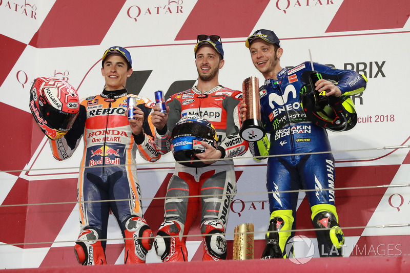 Podium : le deuxième Marc Marquez, Repsol Honda Team, le vainqueur Andrea Dovizioso, Ducati Team le troisième Valentino Rossi, Yamaha Factory Racing