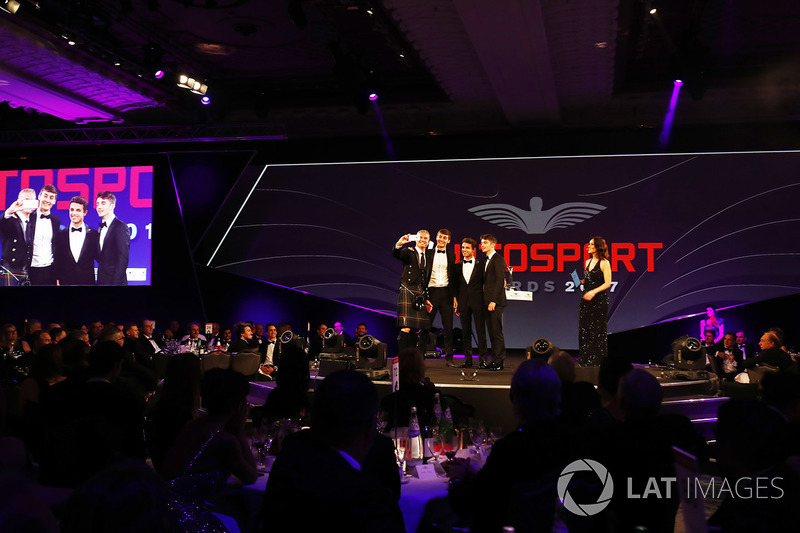 David Coulthard takes a selfie with George Russell, Lando Norris and Charles Leclerc