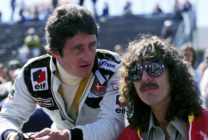 Patrick Depailler, Tyrrell talks with George Harrison, former Beatle and F1 fan