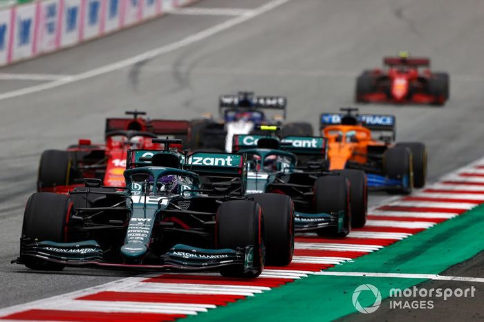 Lance Stroll, Aston Martin AMR21, Charles Leclerc, Ferrari SF21, Sebastian Vettel, Aston Martin AMR21, Daniel Ricciardo, McLaren MCL35M, George Russell, Williams FW43B