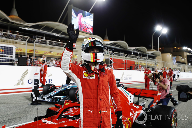 Sebastian Vettel, Ferrari SF71H, celebrates after taking Pole Position