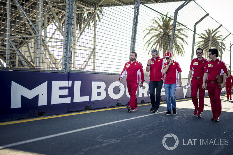 Sebastian Vettel, Ferrari walks the track with Maurizio Arrivabene, Ferrari Team Principal and Riccardo Adami, Ferrari Race Engineer