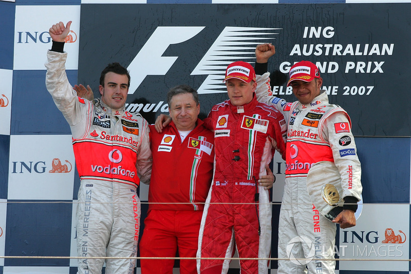 Podium: Race winner Kimi Raikkonen, Ferrari, second place Fernando Alonso, McLaren, third place Lewi