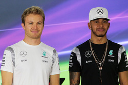 Nico Rosberg, Mercedes AMG F1 with team mate Lewis Hamilton, Mercedes AMG F1 in the FIA Press Conference