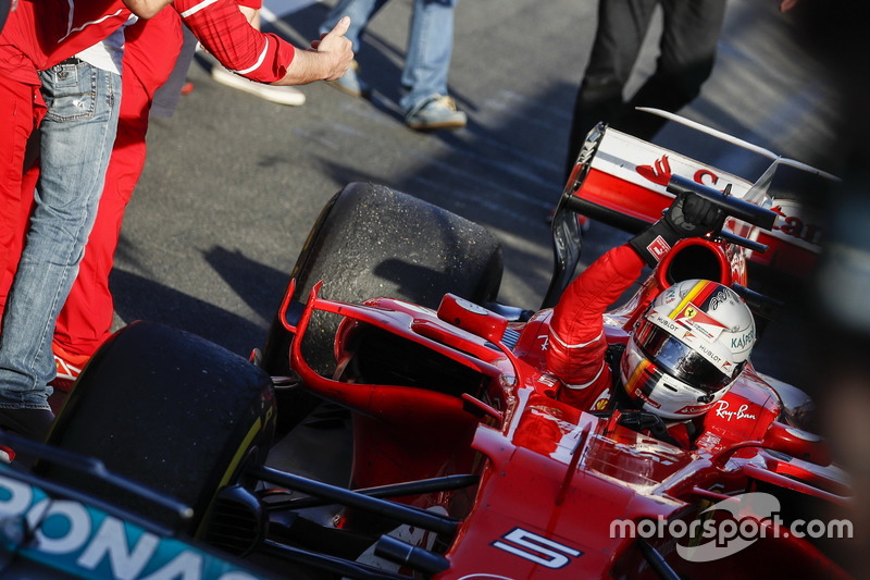 Sebastian Vettel, Ferrari SF70H, 1st Position, arrives in Parc Ferme