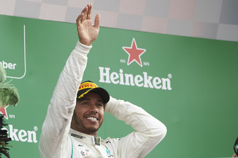 Lewis Hamilton, Mercedes AMG F1, celebrates on the podium