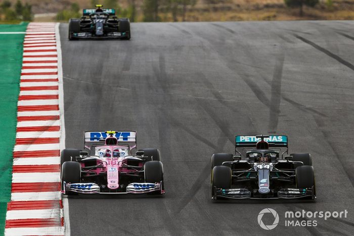 Lewis Hamilton, Mercedes F1 W11, Lance Stroll, Racing Point RP20, and Valtteri Bottas, Mercedes F1 W11