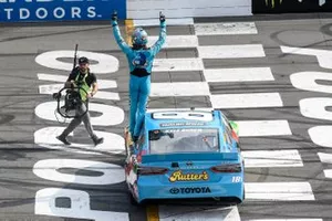 Kyle Busch, Joe Gibbs Racing, Toyota Camry M&M's Hazelnut, celebrates after winning the Pocono 400