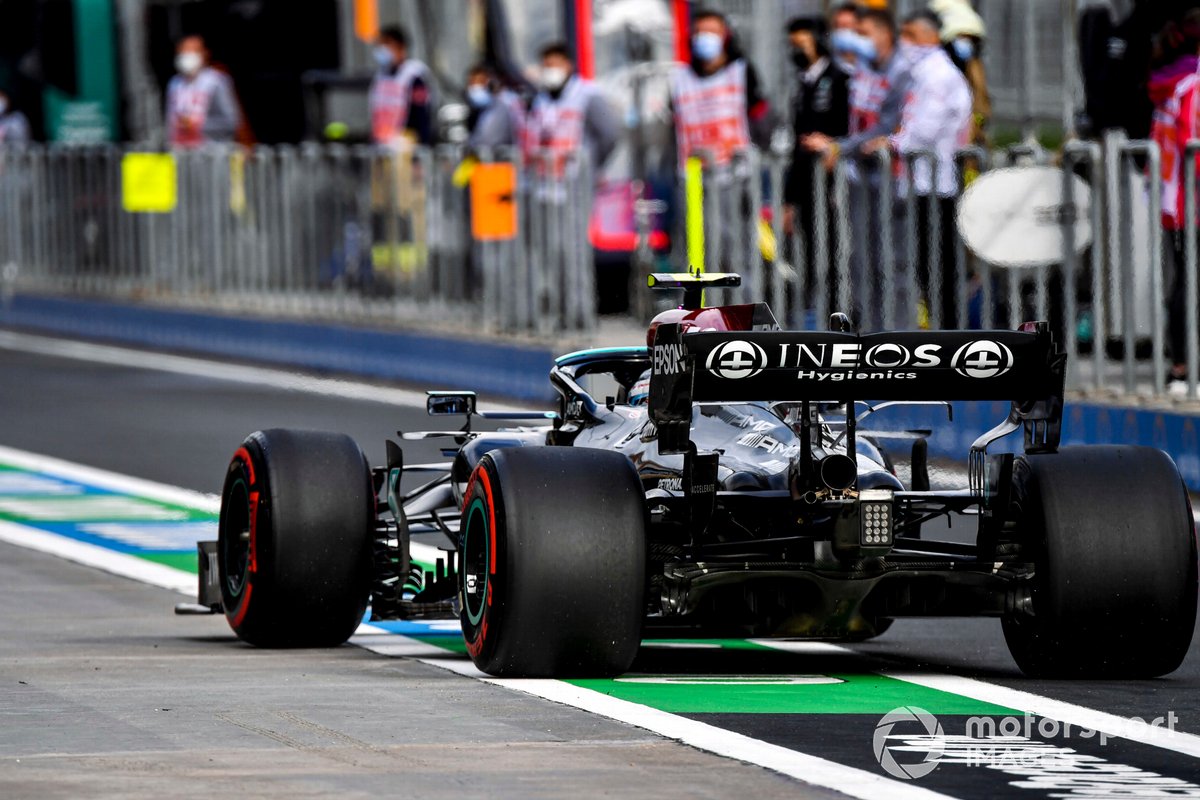 Valtteri Bottas, Mercedes W12, in the pit lane