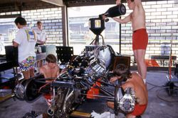 Giorgio Piola with Alain Prost, McLaren MP4/2 car at 1984 Brazilian GP