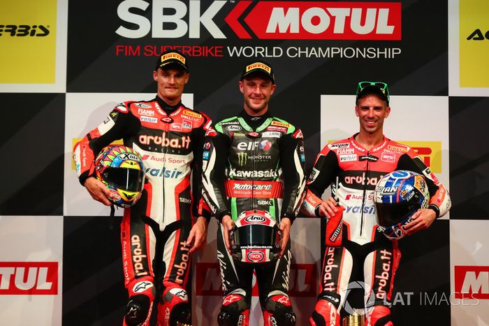 Podio: Ganador de la carrera Jonathan Rea, Kawasaki Racing, segundo lugar Chaz Davies, Ducati Team, tercer lugar Marco Melandri, Ducati Team
