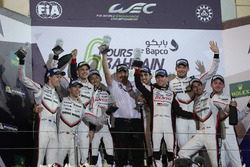Podium LMP1: race winners Sébastien Buemi, Anthony Davidson, Kazuki Nakajima, Toyota Gazoo Racing, second place Timo Bernhard, Earl Bamber, Brendon Hartley, Porsche Team and third place Neel Jani, Andre Lotterer, Nick Tandy, Porsche Team