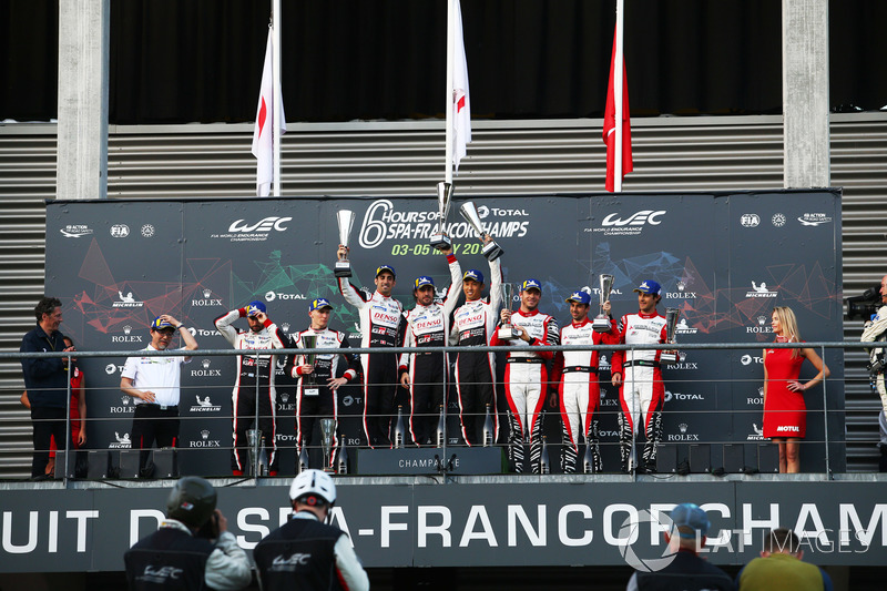 LMP1 podium: #7 Toyota Gazoo Racing Toyota TS050: Mike Conway, Jose Maria Lopez, Kamui Kobayashi, #8 Toyota Gazoo Racing Toyota TS050: Sébastien Buemi, Kazuki Nakajima, Fernando Alonso, #1 Rebellion Racing Rebellion R-13: Andre Lotterer, Neel Jani, Bruno S