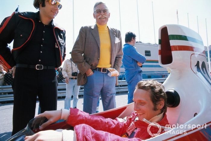 Niki Lauda, Ferrari 312T, with Huschke von Hanstein and Austrian journalist Heinz Prueller