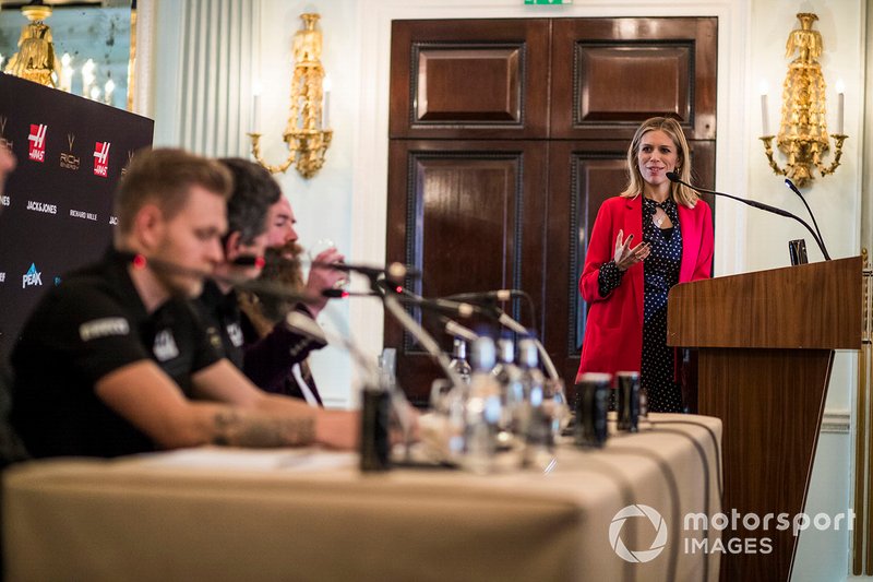 Presenter Nicki Shields speaks with Kevin Magnussen, Haas F1 Team, Guenther Steiner, Team Principal, Haas F1 and William Storey, CEO Rich Energy in Press Conference