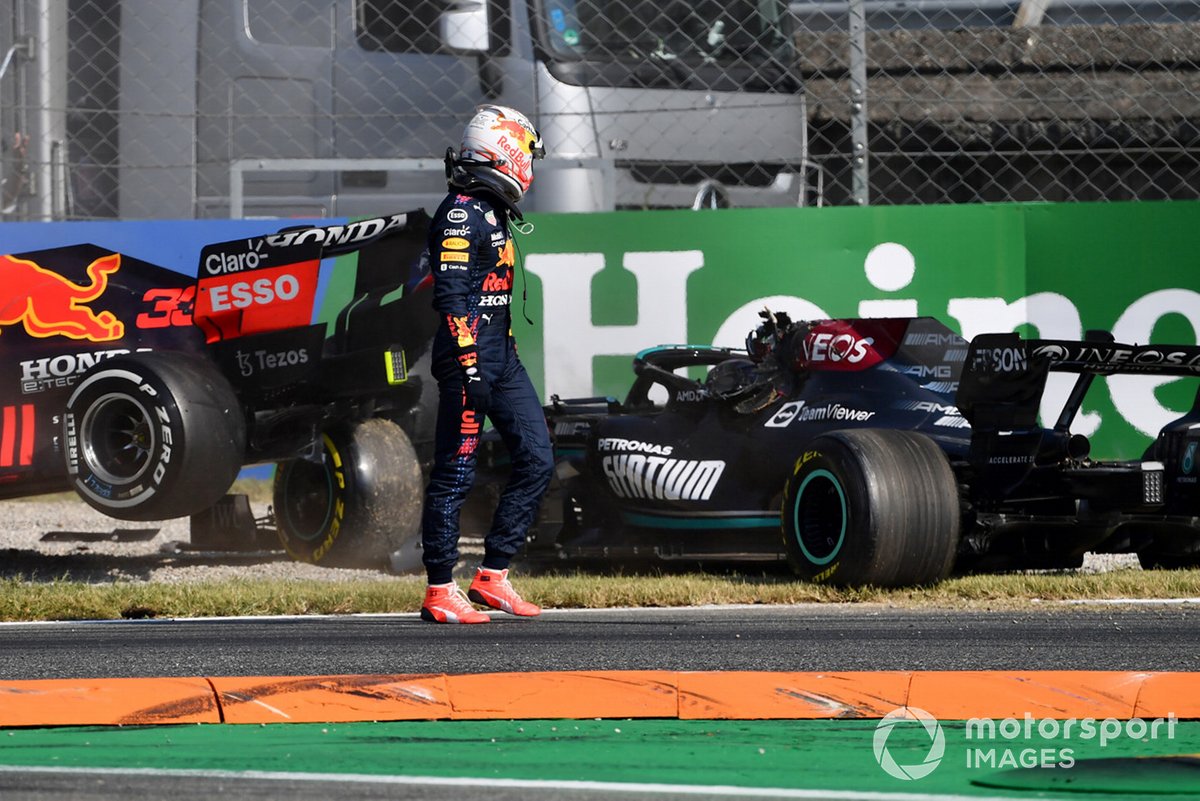 Max Verstappen, Red Bull Racing, looks on Lewis Hamilton, Mercedes W12 after colliding