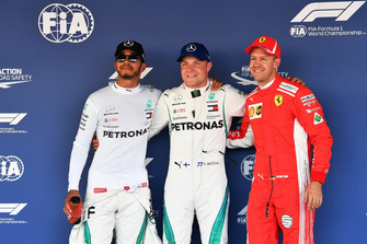 Top 3 Qualifiche, il poleman Valtteri Bottas, Mercedes AMG F1, Lewis Hamilton, Mercedes AMG F1, Sebastian Vettel, Ferrari