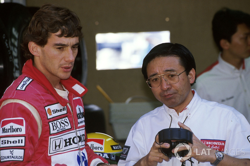 Ayrton Senna, McLaren Honda MP4/5B with Honda engine guru Osamu Goto