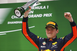 Max Verstappen, Red Bull Racing, celebrates with his trophy on the podium