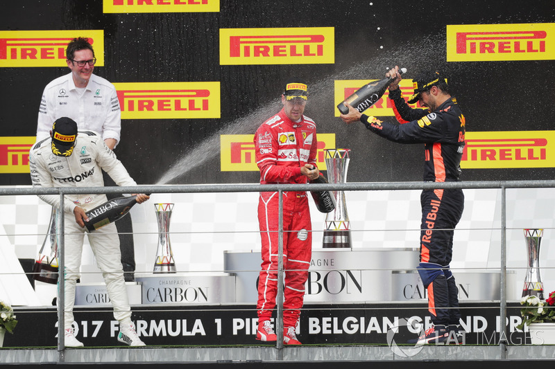 Podium: second place Sebastian Vettel, Ferrari, Race winner Lewis Hamilton, Mercedes AMG F1, third place Daniel Ricciardo, Red Bull Racing