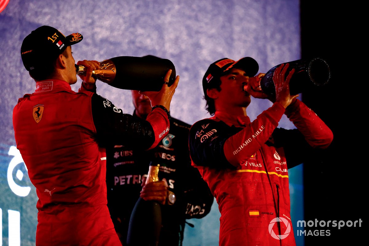 Charles Leclerc, Ferrari, 1st position, Lewis Hamilton, Mercedes-AMG, 3rd position, Carlos Sainz Jr., Ferrari, 2nd position