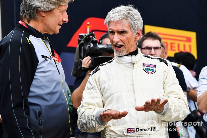 Damon Hill after driving the Lotus 49 driven to the 1968 title by his father Graham Hill