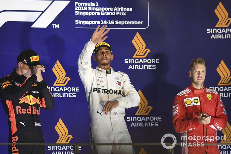 (L to R): Max Verstappen, Red Bull Racing, Lewis Hamilton, Mercedes AMG F1 and Sebastian Vettel, Ferrari celebrate on the podium 