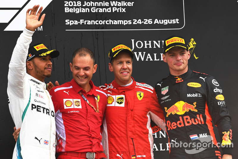 Yarış galibi Sebastian Vettel, Ferrari, 2. Lewis Hamilton, Mercedes AMG F1, 3. Max Verstappen, Red Bull Racing