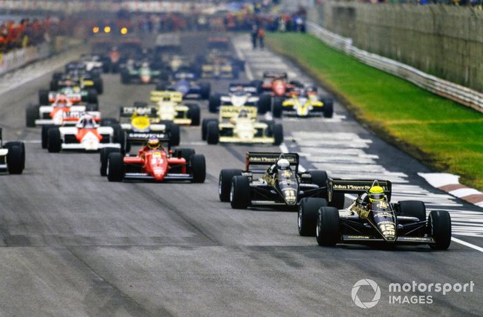 Ayrton Senna, Lotus 97T Renault, Elio de Angelis, Lotus 97T Renault, Michele Alboreto, Ferrari 156/85, al inicio