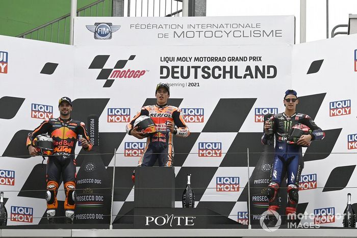 Podio: ganador de la carrera Marc Márquez, Equipo Repsol Honda, segundo lugar Miguel Oliveira, Red Bull KTM Factory Racing, tercer lugar Fabio Quartararo, Yamaha Factory Racing