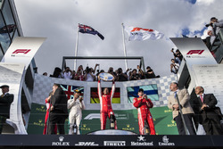 Lewis Hamilton, Mercedes-AMG F1, Sebastian Vettel, Ferrari and Kimi Raikkonen, Ferrari celebrate on