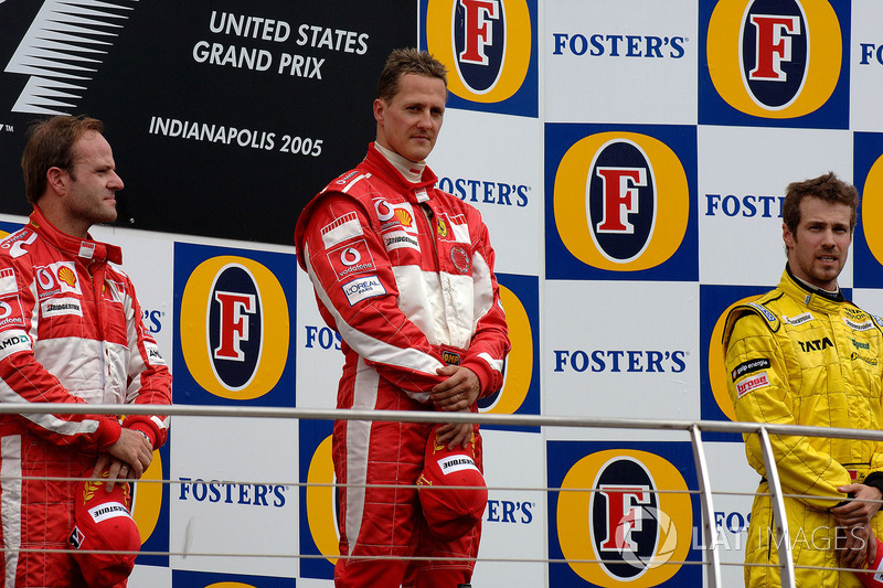 Podium: Race winner Michael Schumacher, Ferrari, second place Rubens Barrichello, Ferrari, third place Tiago Monteiro, Jordan