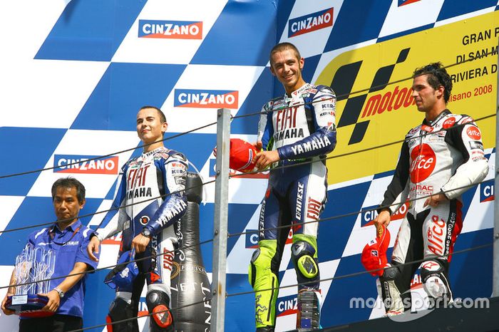 2008: 1. Valentino Rossi, 2. Jorge Lorenzo, 3. Toni Elias