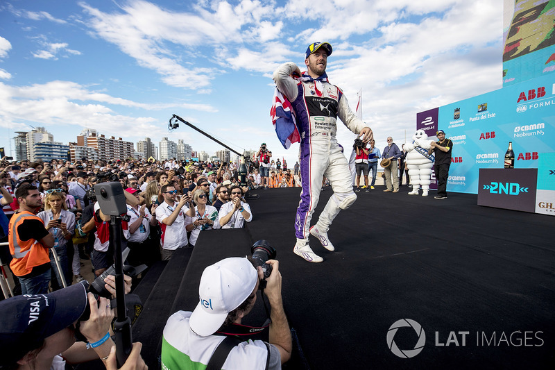 Sam Bird, DS Virgin Racing, celebrates on the podium