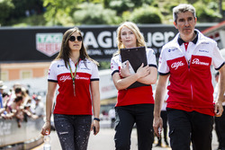 Tatiana Calderon, Sauber Test Driver walks the track with Ruth Buscombe, Sauber Race Strategist and Xevi Pujolar, Sauber Head of Track Engineering