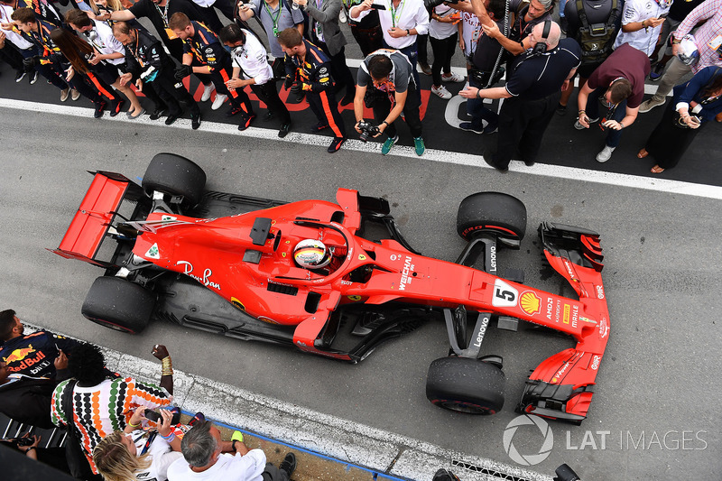 Race winner Sebastian Vettel, Ferrari SF71H arrives in parc ferme