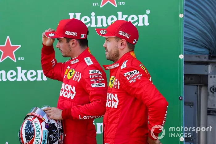Front row starters Charles Leclerc, Ferrari, and pole man Sebastian Vettel, Ferrari, after Qualifying