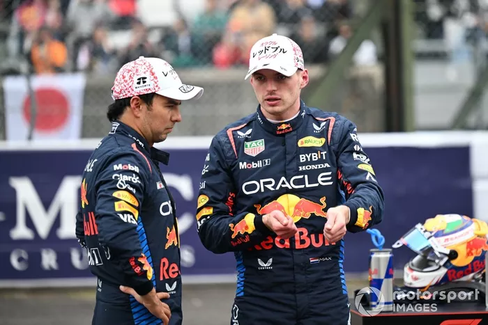 Sergio Perez, Red Bull Racing, l'homme de la pole Max Verstappen, Red Bull Racing, entretien après les qualifications