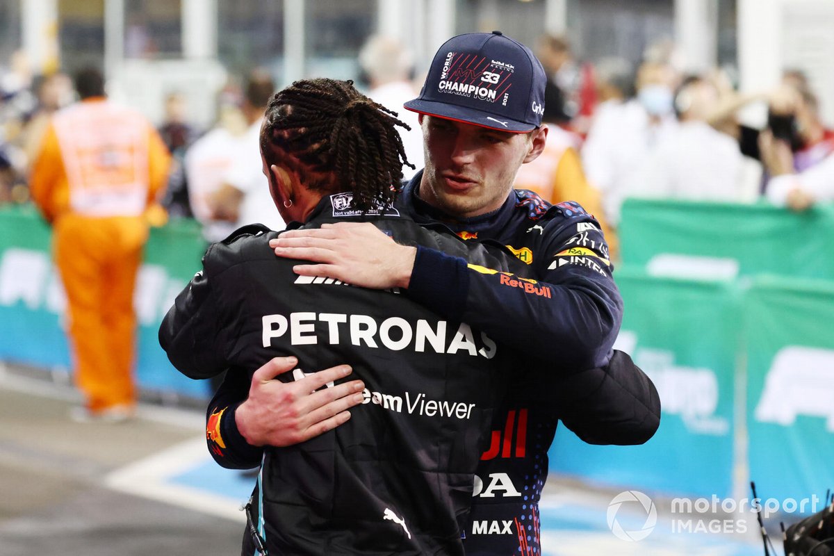 Lewis Hamilton, Mercedes, 2nd position, congratulates Max Verstappen, Red Bull Racing, 1st position, in Parc Ferme