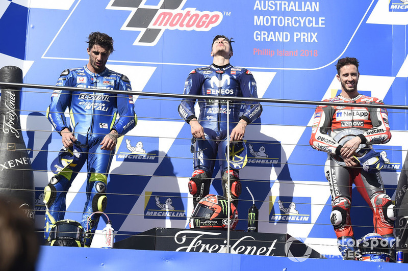 Podium: race winner Maverick Viñales, Yamaha Factory Racing, second place Andrea Iannone, Team Suzuki MotoGP, third place Andrea Dovizioso, Ducati Team