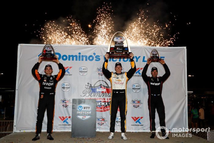 Josef Newgarden, Team Penske Chevrolet, Victory Lane, Patricio O'Ward, Arrow McLaren SP Chevrolet, Will Power, Team Penske Chevrolet