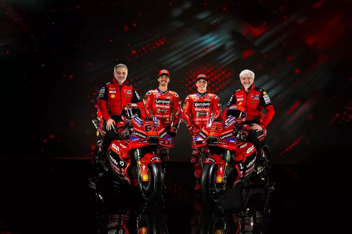 Mauro Grassilli, Sporting director Ducati, Francesco Bagnaia, Marc Marquez, Ducati Team. Gigi Dall’Igna, Ducati general manager