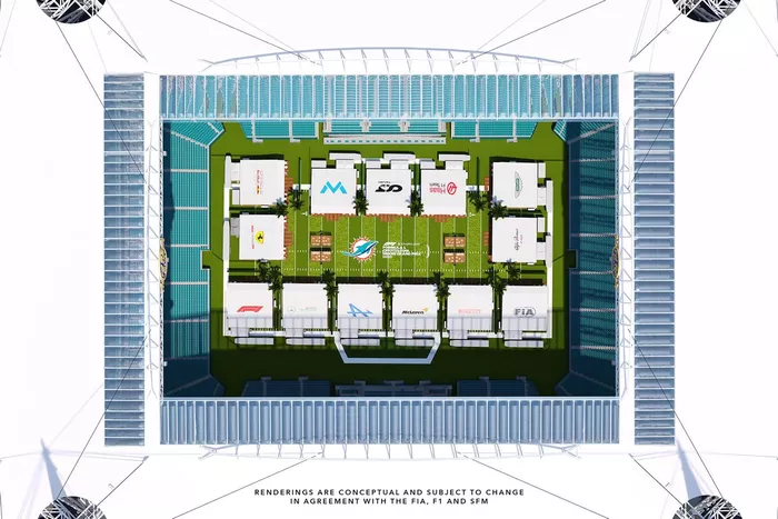La zona de los equipos en el estadio de los Miami Dolphins para el GP de Miami de F1, el Team Village 