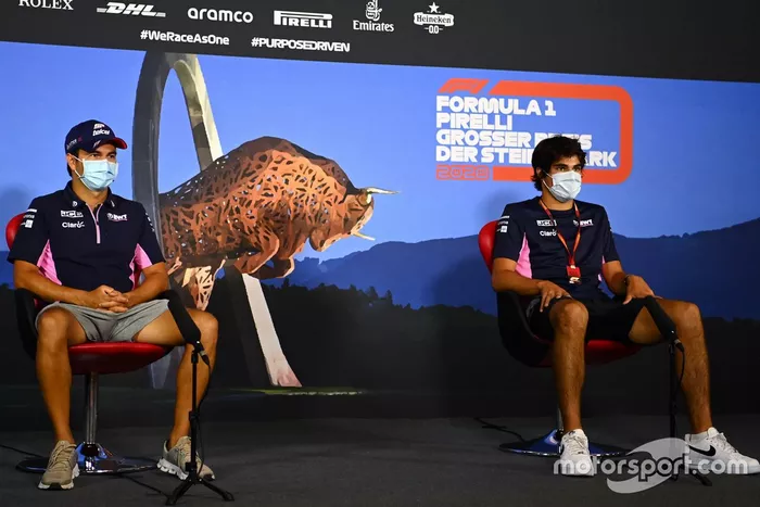 Sergio Pérez, Racing Point y Lance Stroll, Racing Point en la conferencia de prensa