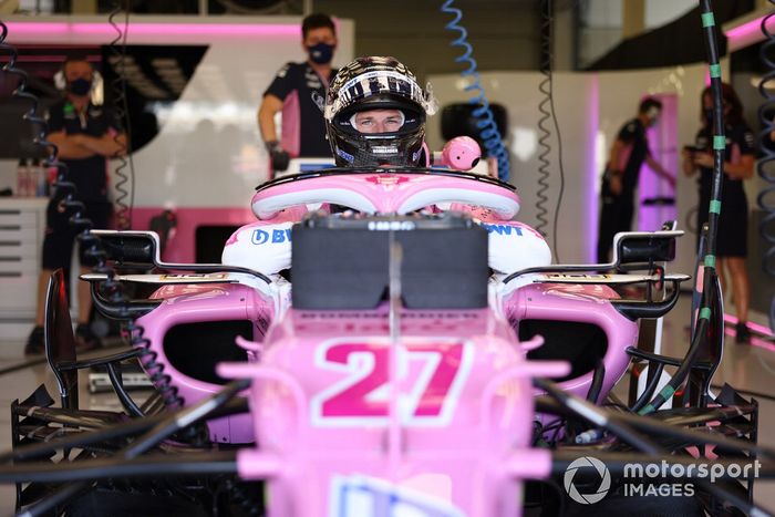 Nico Hulkenberg, Racing Point RP20, climbs into his car 